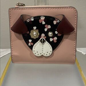 Kate Spade Novelty Pink Floral Bulldog Leather Bifold Wallet